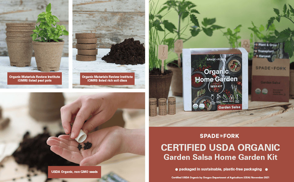 Certified organic garden salsa home garden kit. plastic-free packaging.